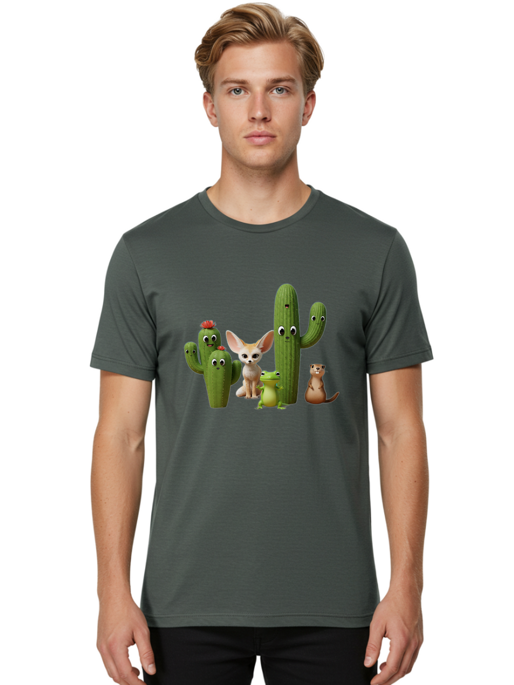 Cartoon-Cactus-And-Animals Men'S Graphic Tee, 100% Cotton, Comfortable Casual Summer Wear, Machine Washable, Cartoon Cacti, 3D Illustration, Desert Animals, Cute Wildlife, Digital Artwork, Funny Characters, Cartoon Characters, Cactus Friends, Bac788