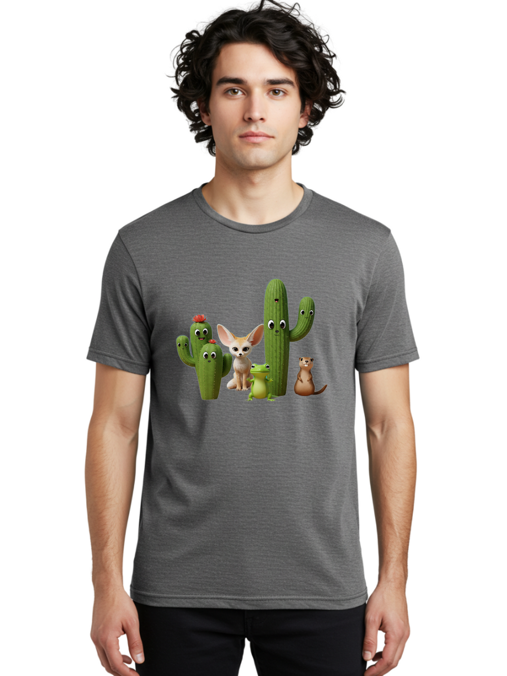 Cartoon-Cactus-And-Animals Men'S Graphic Tee, 100% Cotton, Comfortable Casual Summer Wear, Machine Washable, Cartoon Cacti, 3D Illustration, Desert Animals, Cute Wildlife, Digital Artwork, Funny Characters, Cartoon Characters, Cactus Friends, Bac788