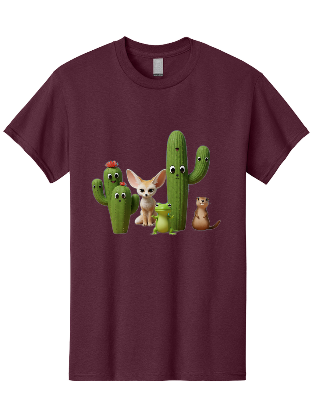 Cartoon-Cactus-And-Animals Men'S Graphic Tee, 100% Cotton, Comfortable Casual Summer Wear, Machine Washable, Cartoon Cacti, 3D Illustration, Desert Animals, Cute Wildlife, Digital Artwork, Funny Characters, Cartoon Characters, Cactus Friends, Bac788