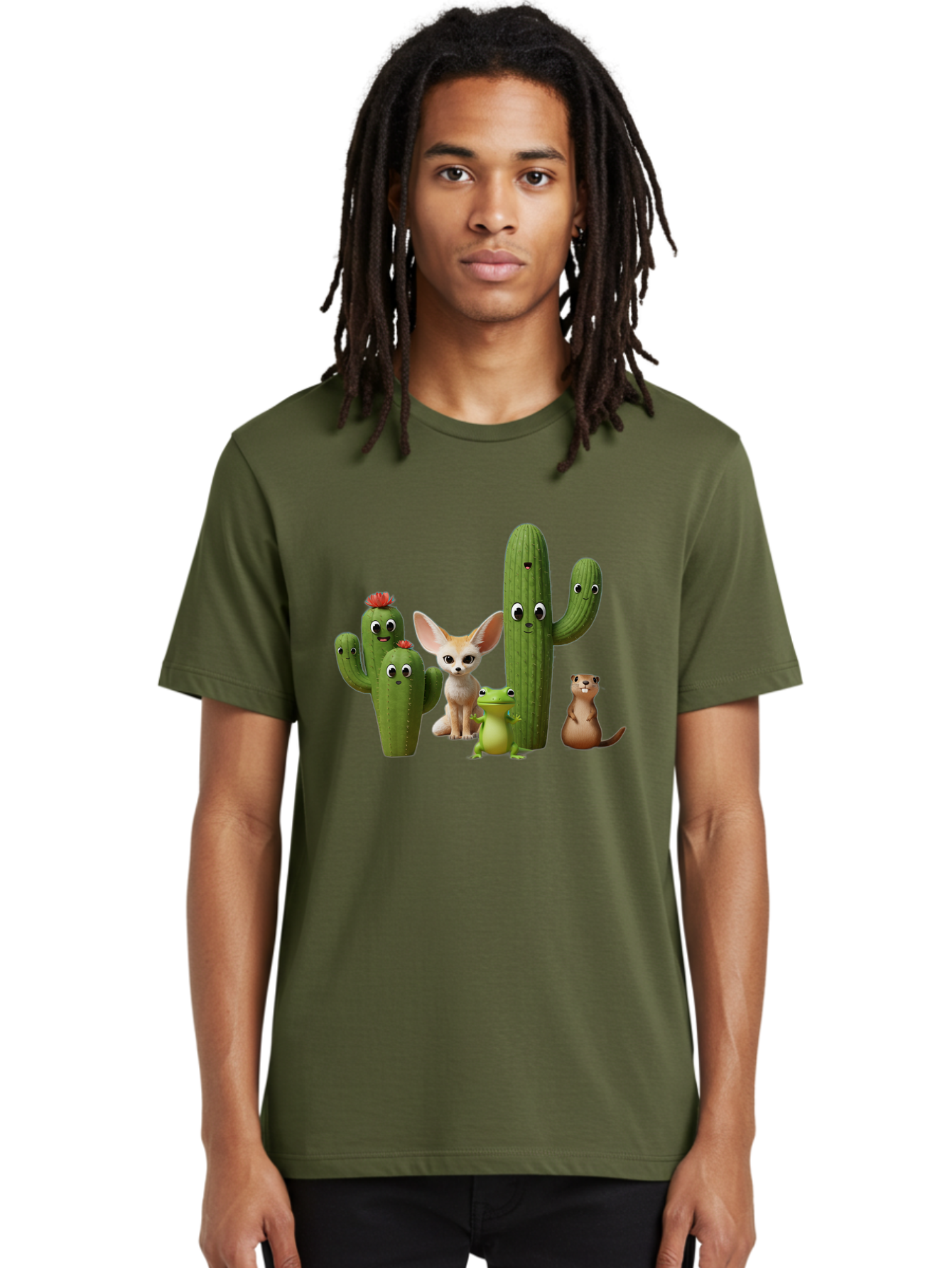 Cartoon-Cactus-And-Animals Men'S Graphic Tee, 100% Cotton, Comfortable Casual Summer Wear, Machine Washable, Cartoon Cacti, 3D Illustration, Desert Animals, Cute Wildlife, Digital Artwork, Funny Characters, Cartoon Characters, Cactus Friends, Bac788