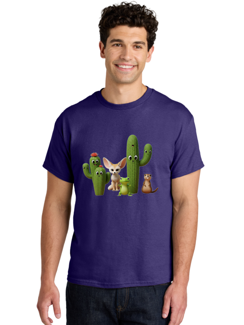 Cartoon-Cactus-And-Animals Men'S Graphic Tee, 100% Cotton, Comfortable Casual Summer Wear, Machine Washable, Cartoon Cacti, 3D Illustration, Desert Animals, Cute Wildlife, Digital Artwork, Funny Characters, Cartoon Characters, Cactus Friends, Bac788