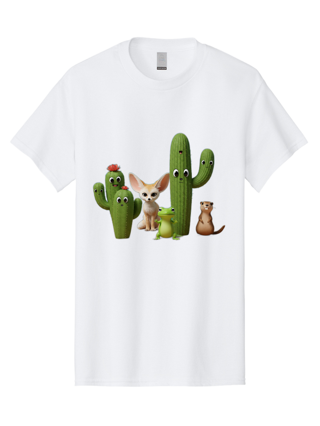 Cartoon-Cactus-And-Animals Men'S Graphic Tee, 100% Cotton, Comfortable Casual Summer Wear, Machine Washable, Cartoon Cacti, 3D Illustration, Desert Animals, Cute Wildlife, Digital Artwork, Funny Characters, Cartoon Characters, Cactus Friends, Bac788