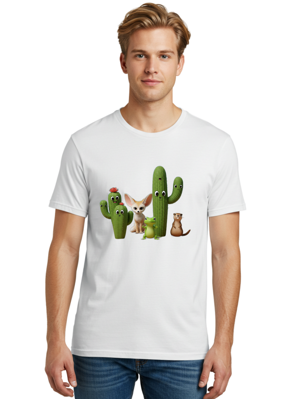 Cartoon-Cactus-And-Animals Men'S Graphic Tee, 100% Cotton, Comfortable Casual Summer Wear, Machine Washable, Cartoon Cacti, 3D Illustration, Desert Animals, Cute Wildlife, Digital Artwork, Funny Characters, Cartoon Characters, Cactus Friends, Bac788