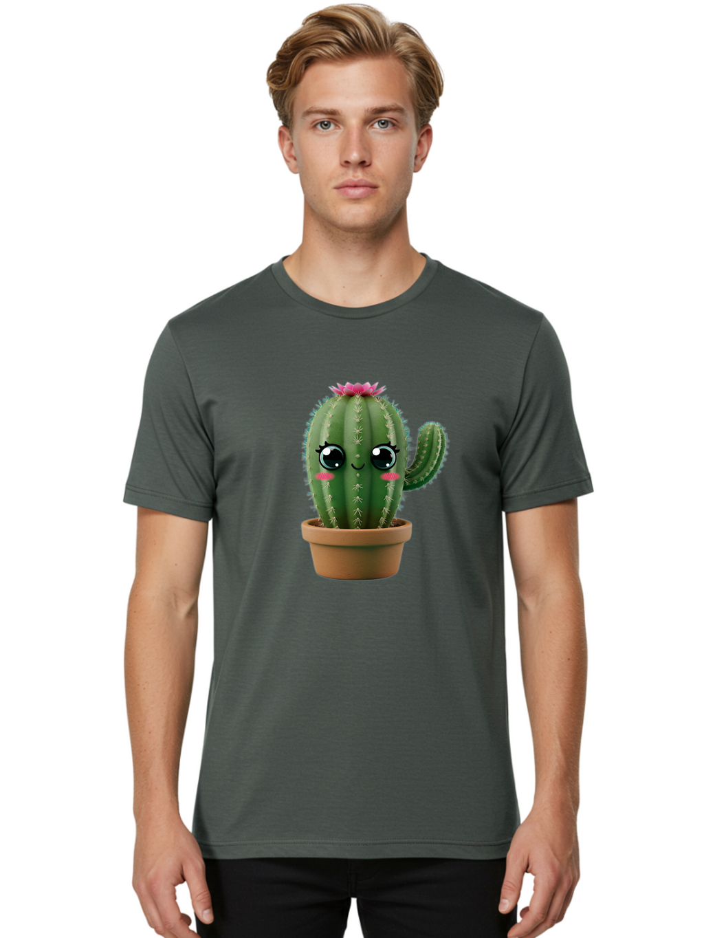 Cartoon-Cactus Men'S Graphic Tee, 100% Cotton, Comfortable Casual Summer Wear, Machine Washable, Cartoon Cactus, Potted Plant, Cute Desert Flora, Green Spiky Texture, Pink Flower, Smiling Face, Rosy Cheeks, Terracotta Pot, Kawaii Character, Bac789