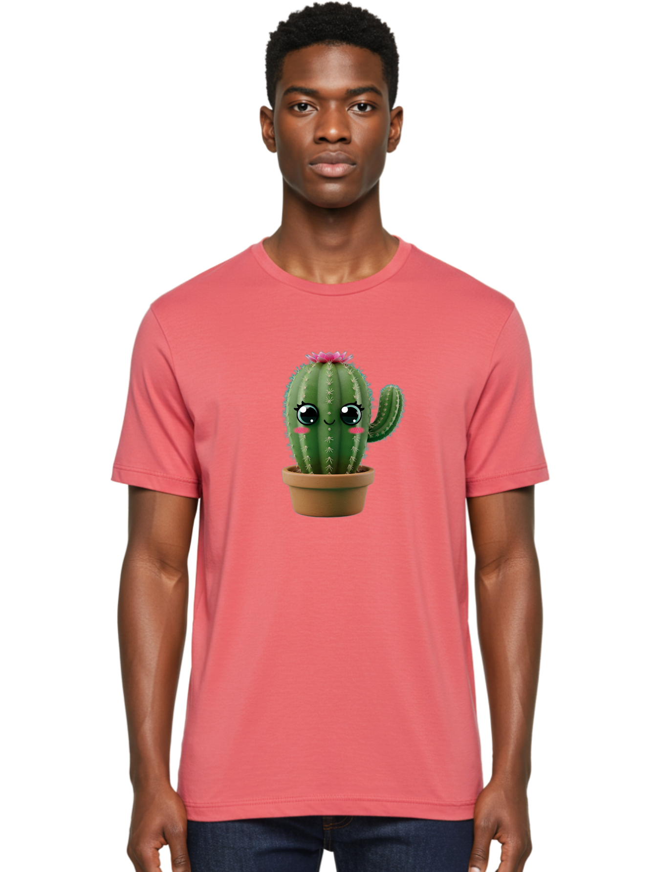 Cartoon-Cactus Men'S Graphic Tee, 100% Cotton, Comfortable Casual Summer Wear, Machine Washable, Cartoon Cactus, Potted Plant, Cute Desert Flora, Green Spiky Texture, Pink Flower, Smiling Face, Rosy Cheeks, Terracotta Pot, Kawaii Character, Bac789