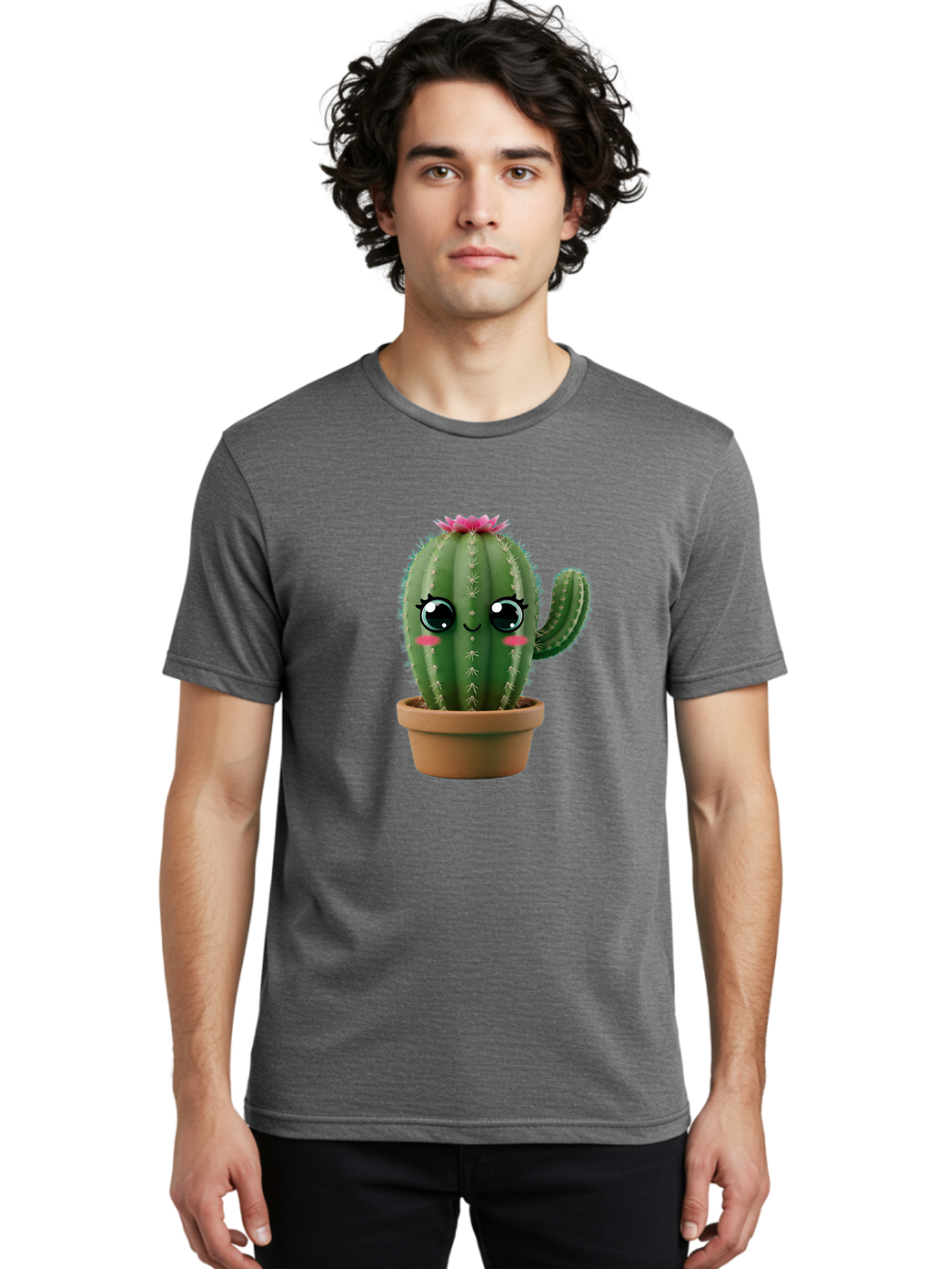 Cartoon-Cactus Men'S Graphic Tee, 100% Cotton, Comfortable Casual Summer Wear, Machine Washable, Cartoon Cactus, Potted Plant, Cute Desert Flora, Green Spiky Texture, Pink Flower, Smiling Face, Rosy Cheeks, Terracotta Pot, Kawaii Character, Bac789