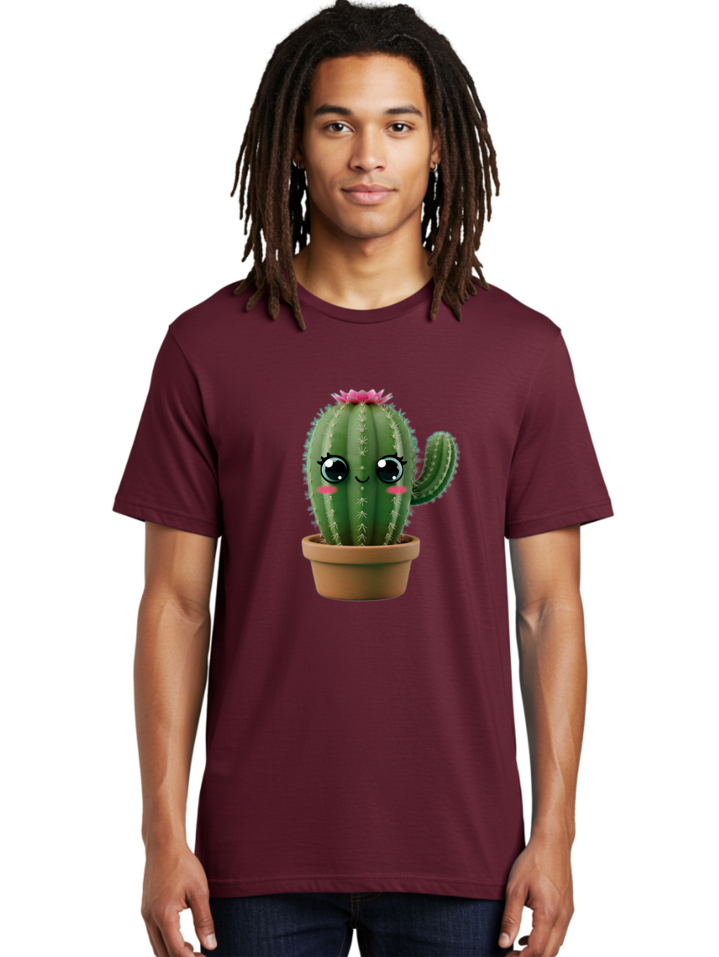 Cartoon-Cactus Men'S Graphic Tee, 100% Cotton, Comfortable Casual Summer Wear, Machine Washable, Cartoon Cactus, Potted Plant, Cute Desert Flora, Green Spiky Texture, Pink Flower, Smiling Face, Rosy Cheeks, Terracotta Pot, Kawaii Character, Bac789