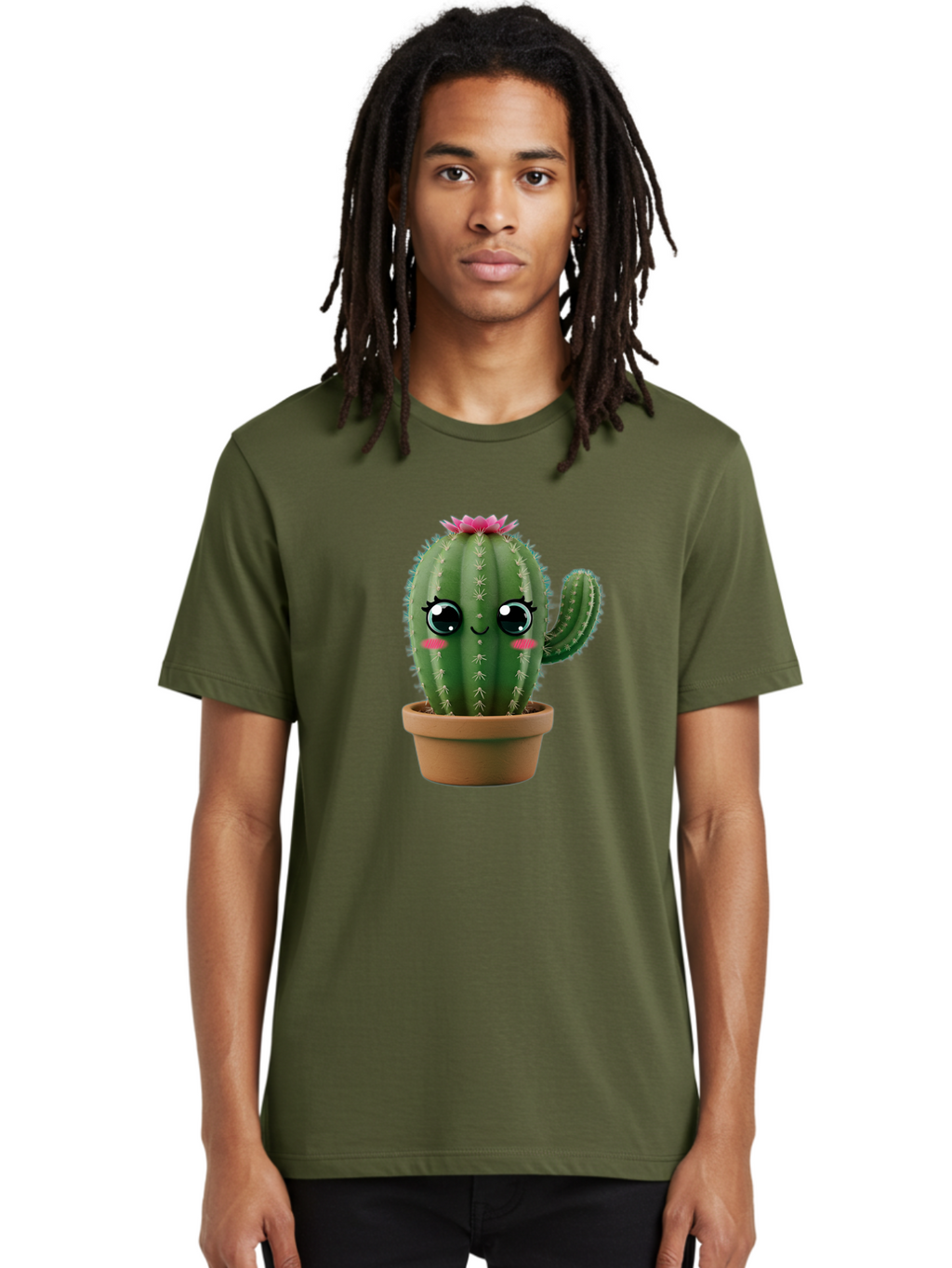 Cartoon-Cactus Men'S Graphic Tee, 100% Cotton, Comfortable Casual Summer Wear, Machine Washable, Cartoon Cactus, Potted Plant, Cute Desert Flora, Green Spiky Texture, Pink Flower, Smiling Face, Rosy Cheeks, Terracotta Pot, Kawaii Character, Bac789