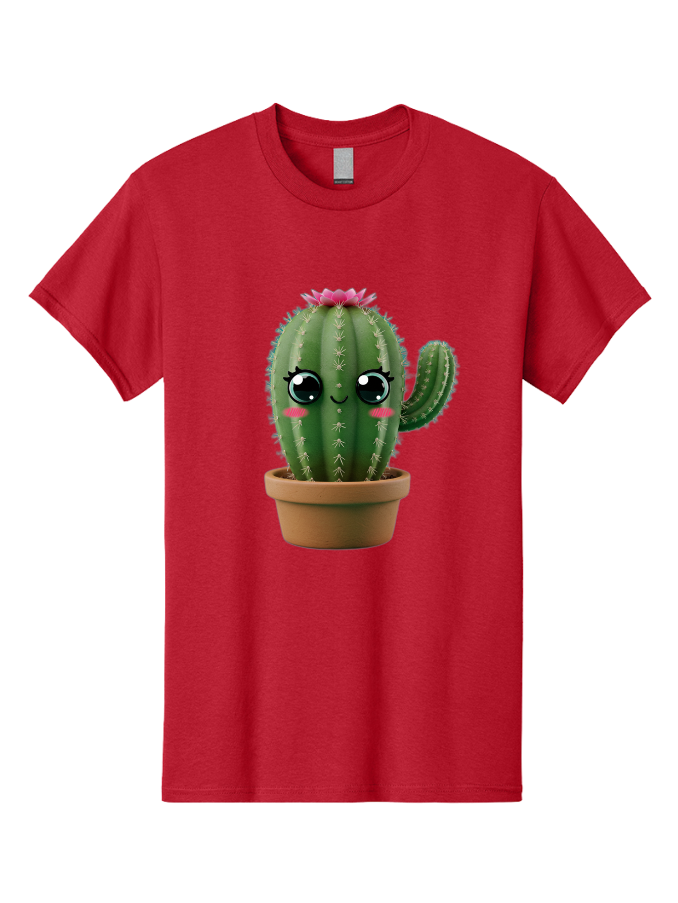 Cartoon-Cactus Men'S Graphic Tee, 100% Cotton, Comfortable Casual Summer Wear, Machine Washable, Cartoon Cactus, Potted Plant, Cute Desert Flora, Green Spiky Texture, Pink Flower, Smiling Face, Rosy Cheeks, Terracotta Pot, Kawaii Character, Bac789