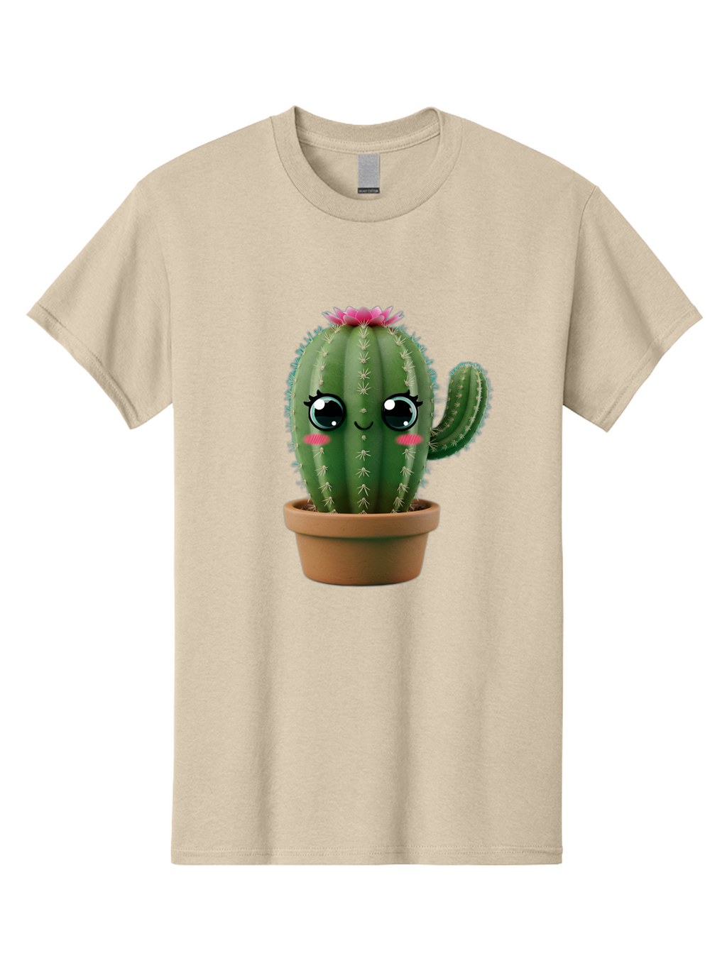 Cartoon-Cactus Men'S Graphic Tee, 100% Cotton, Comfortable Casual Summer Wear, Machine Washable, Cartoon Cactus, Potted Plant, Cute Desert Flora, Green Spiky Texture, Pink Flower, Smiling Face, Rosy Cheeks, Terracotta Pot, Kawaii Character, Bac789