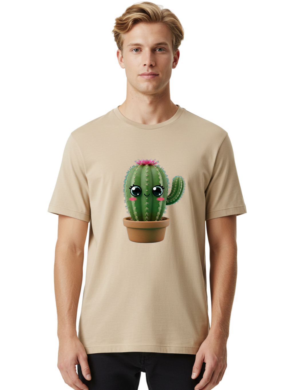 Cartoon-Cactus Men'S Graphic Tee, 100% Cotton, Comfortable Casual Summer Wear, Machine Washable, Cartoon Cactus, Potted Plant, Cute Desert Flora, Green Spiky Texture, Pink Flower, Smiling Face, Rosy Cheeks, Terracotta Pot, Kawaii Character, Bac789