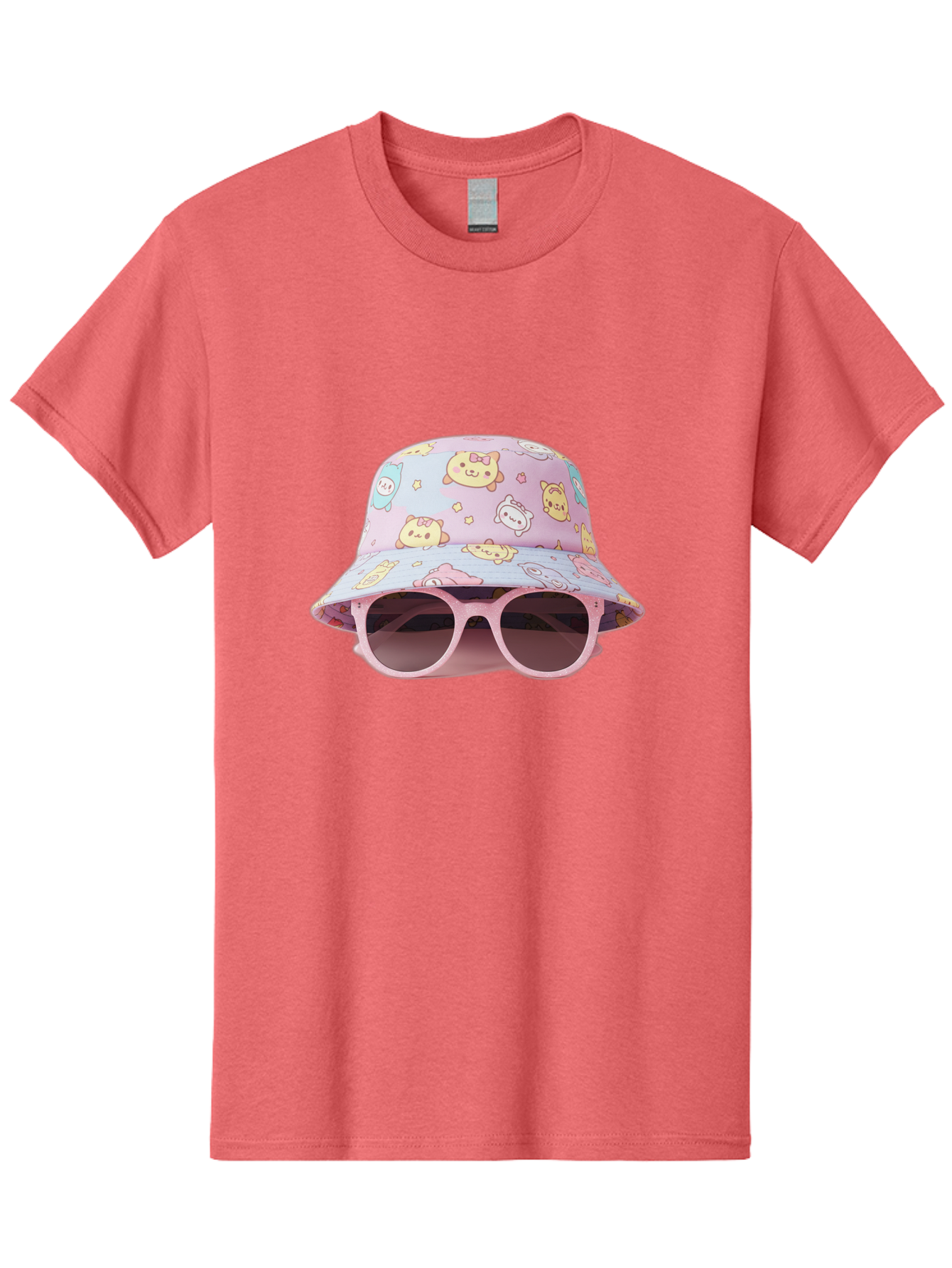 Cartoon-Character-Bucket-Hat Men'S Graphic Tee, 100% Cotton, Comfortable Casual Summer Wear, Machine Washable, Pastel-Colored Hat, Cartoon Characters, Kawaii Fashion, Pink Sunglasses, Trendy Accessories, Cute Design, Fashion Statement, Bac790