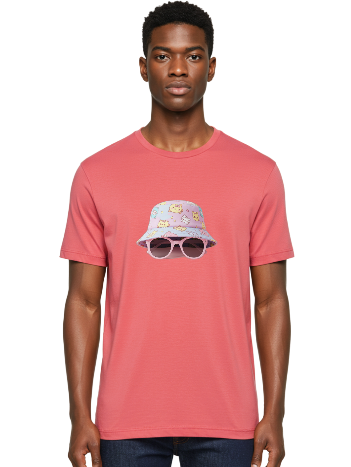 Cartoon-Character-Bucket-Hat Men'S Graphic Tee, 100% Cotton, Comfortable Casual Summer Wear, Machine Washable, Pastel-Colored Hat, Cartoon Characters, Kawaii Fashion, Pink Sunglasses, Trendy Accessories, Cute Design, Fashion Statement, Bac790