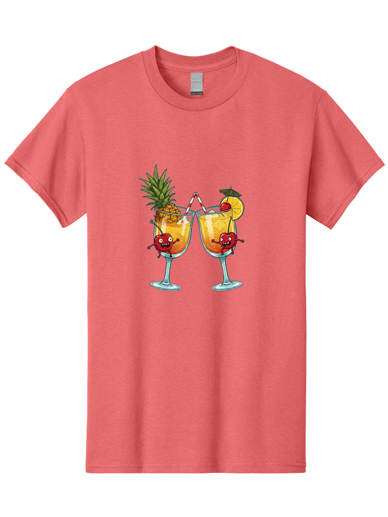 Cartoon-Cocktails Men'S Graphic Tee, 100% Cotton, Comfortable Casual Summer Wear, Machine Washable, Tropical Cocktails, Happy Red Hearts, Cartoon Characters, Pineapple And Orange Garnishes, Striped Straw, Refreshing Drinks, Summertime Vibes, Bac791