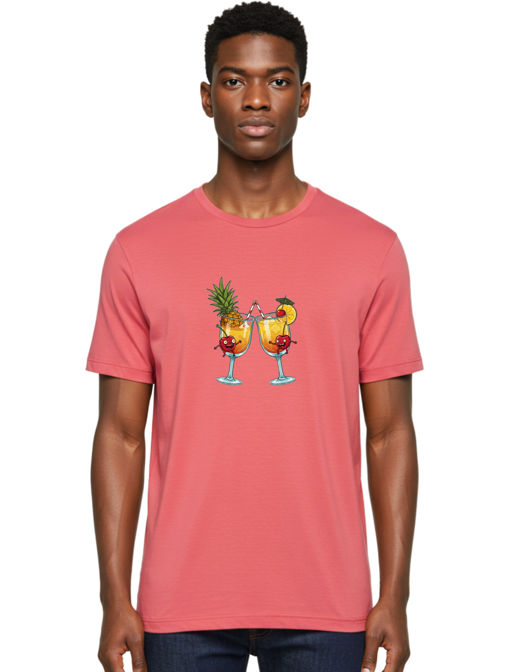 Cartoon-Cocktails Men'S Graphic Tee, 100% Cotton, Comfortable Casual Summer Wear, Machine Washable, Tropical Cocktails, Happy Red Hearts, Cartoon Characters, Pineapple And Orange Garnishes, Striped Straw, Refreshing Drinks, Summertime Vibes, Bac791