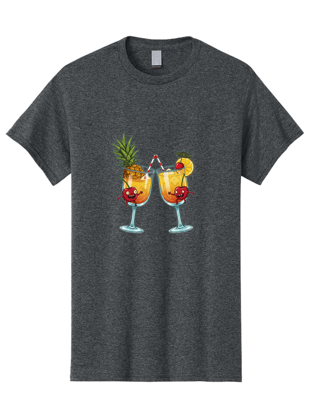 Cartoon-Cocktails Men'S Graphic Tee, 100% Cotton, Comfortable Casual Summer Wear, Machine Washable, Tropical Cocktails, Happy Red Hearts, Cartoon Characters, Pineapple And Orange Garnishes, Striped Straw, Refreshing Drinks, Summertime Vibes, Bac791