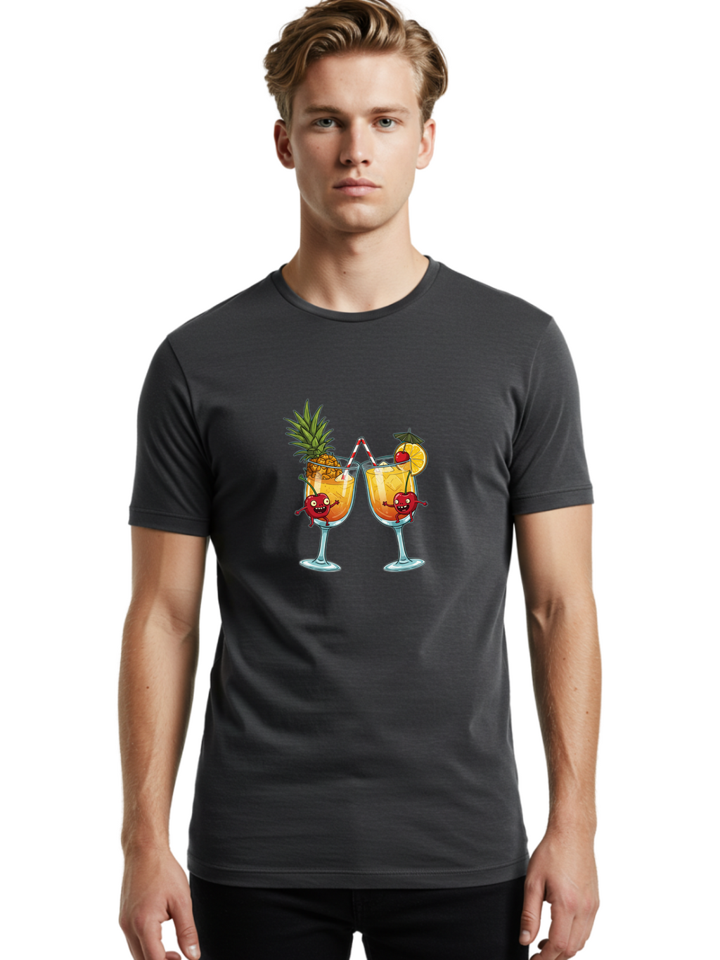 Cartoon-Cocktails Men'S Graphic Tee, 100% Cotton, Comfortable Casual Summer Wear, Machine Washable, Tropical Cocktails, Happy Red Hearts, Cartoon Characters, Pineapple And Orange Garnishes, Striped Straw, Refreshing Drinks, Summertime Vibes, Bac791