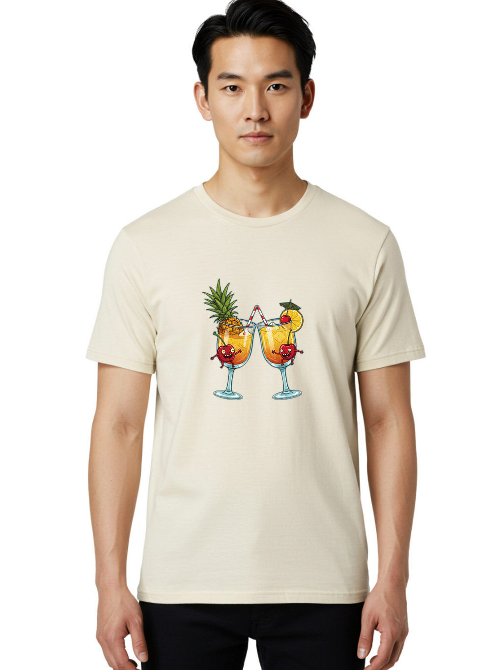 Cartoon-Cocktails Men'S Graphic Tee, 100% Cotton, Comfortable Casual Summer Wear, Machine Washable, Tropical Cocktails, Happy Red Hearts, Cartoon Characters, Pineapple And Orange Garnishes, Striped Straw, Refreshing Drinks, Summertime Vibes, Bac791