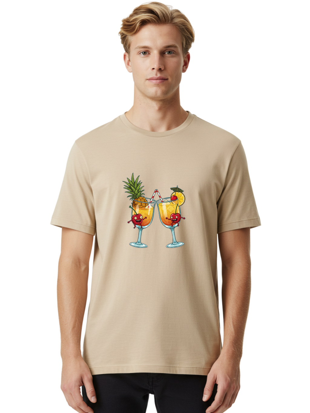 Cartoon-Cocktails Men'S Graphic Tee, 100% Cotton, Comfortable Casual Summer Wear, Machine Washable, Tropical Cocktails, Happy Red Hearts, Cartoon Characters, Pineapple And Orange Garnishes, Striped Straw, Refreshing Drinks, Summertime Vibes, Bac791