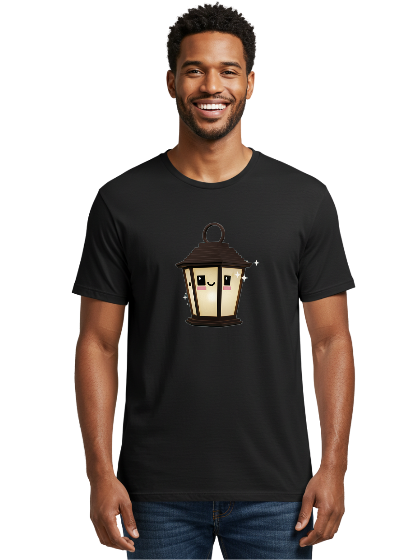 Cartoon-Lantern Men'S Graphic Tee, 100% Cotton, Comfortable Casual Summer Wear, Machine Washable, Cute Lantern, Smiling Face, Glowing Light, Magical Sparks, Kawaii Character, Charming Decoration, Happy Expression, Whimsical Design Bac792