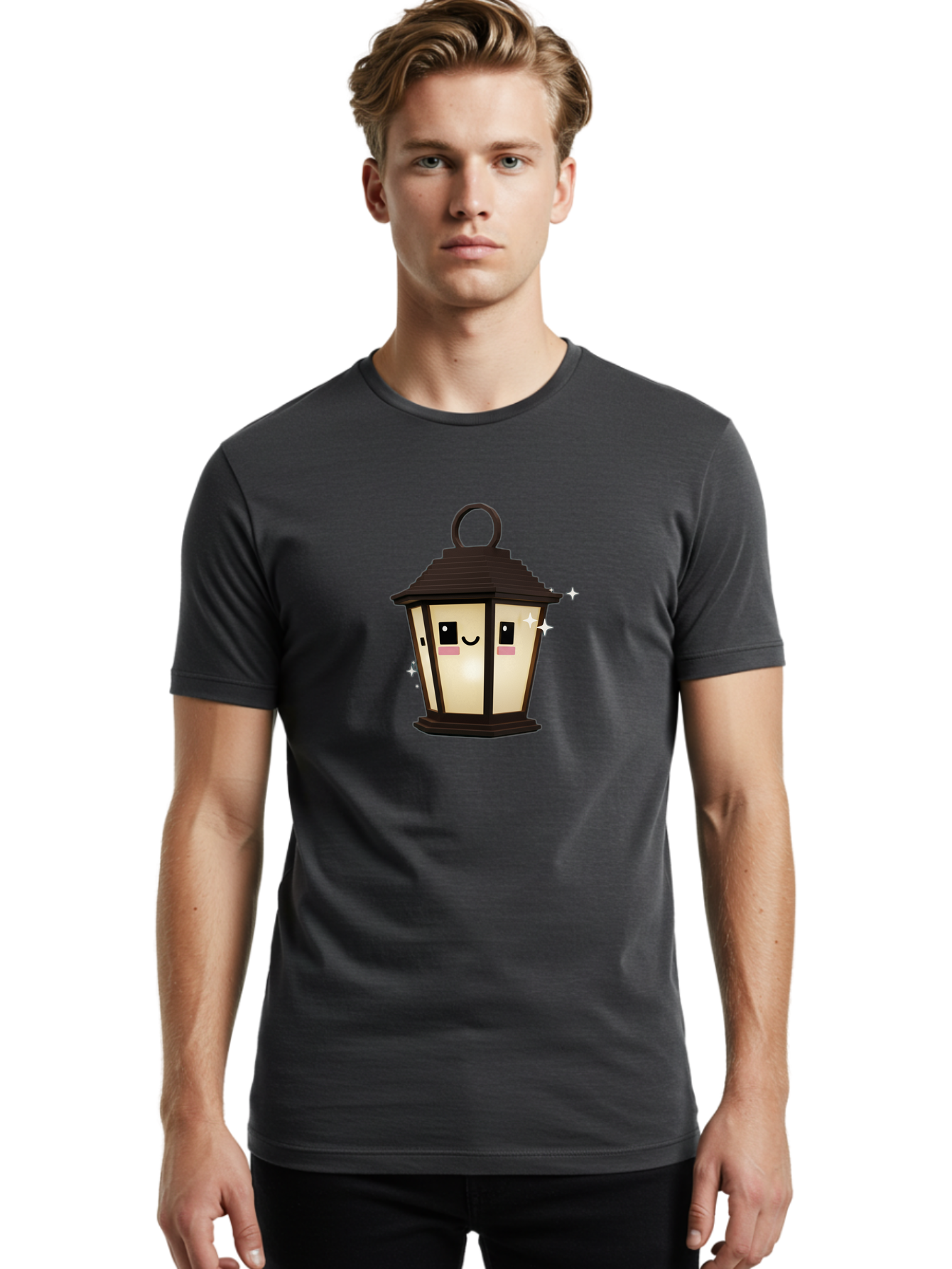 Cartoon-Lantern Men'S Graphic Tee, 100% Cotton, Comfortable Casual Summer Wear, Machine Washable, Cute Lantern, Smiling Face, Glowing Light, Magical Sparks, Kawaii Character, Charming Decoration, Happy Expression, Whimsical Design Bac792