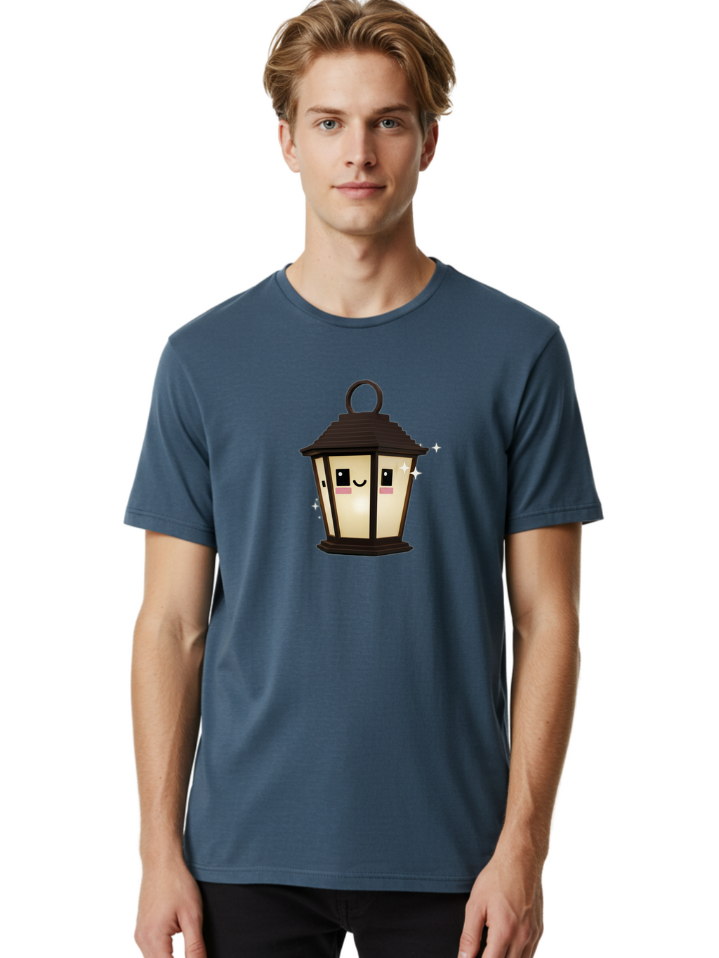 Cartoon-Lantern Men'S Graphic Tee, 100% Cotton, Comfortable Casual Summer Wear, Machine Washable, Cute Lantern, Smiling Face, Glowing Light, Magical Sparks, Kawaii Character, Charming Decoration, Happy Expression, Whimsical Design Bac792