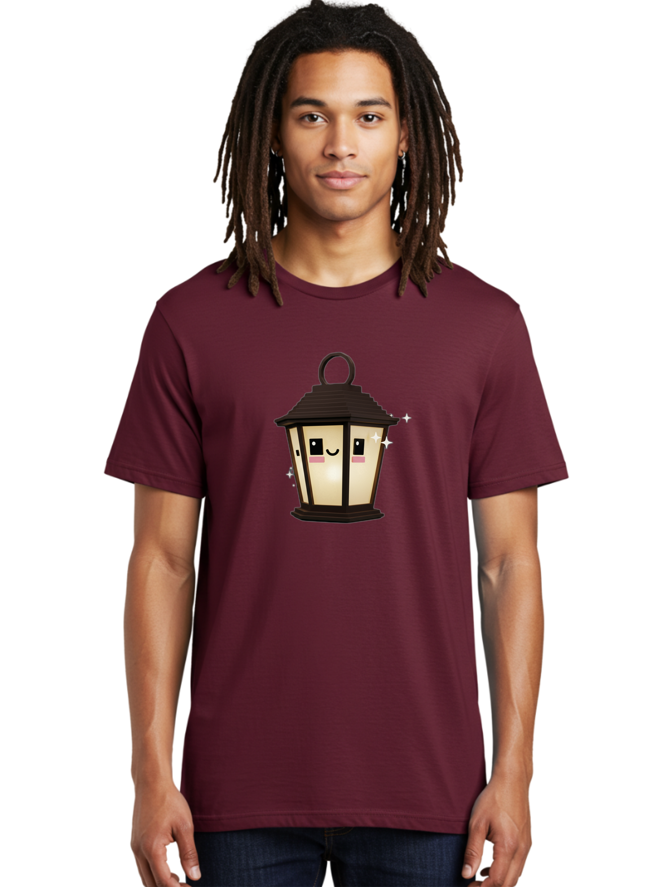 Cartoon-Lantern Men'S Graphic Tee, 100% Cotton, Comfortable Casual Summer Wear, Machine Washable, Cute Lantern, Smiling Face, Glowing Light, Magical Sparks, Kawaii Character, Charming Decoration, Happy Expression, Whimsical Design Bac792