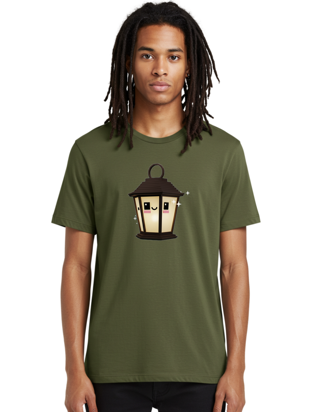 Cartoon-Lantern Men'S Graphic Tee, 100% Cotton, Comfortable Casual Summer Wear, Machine Washable, Cute Lantern, Smiling Face, Glowing Light, Magical Sparks, Kawaii Character, Charming Decoration, Happy Expression, Whimsical Design Bac792