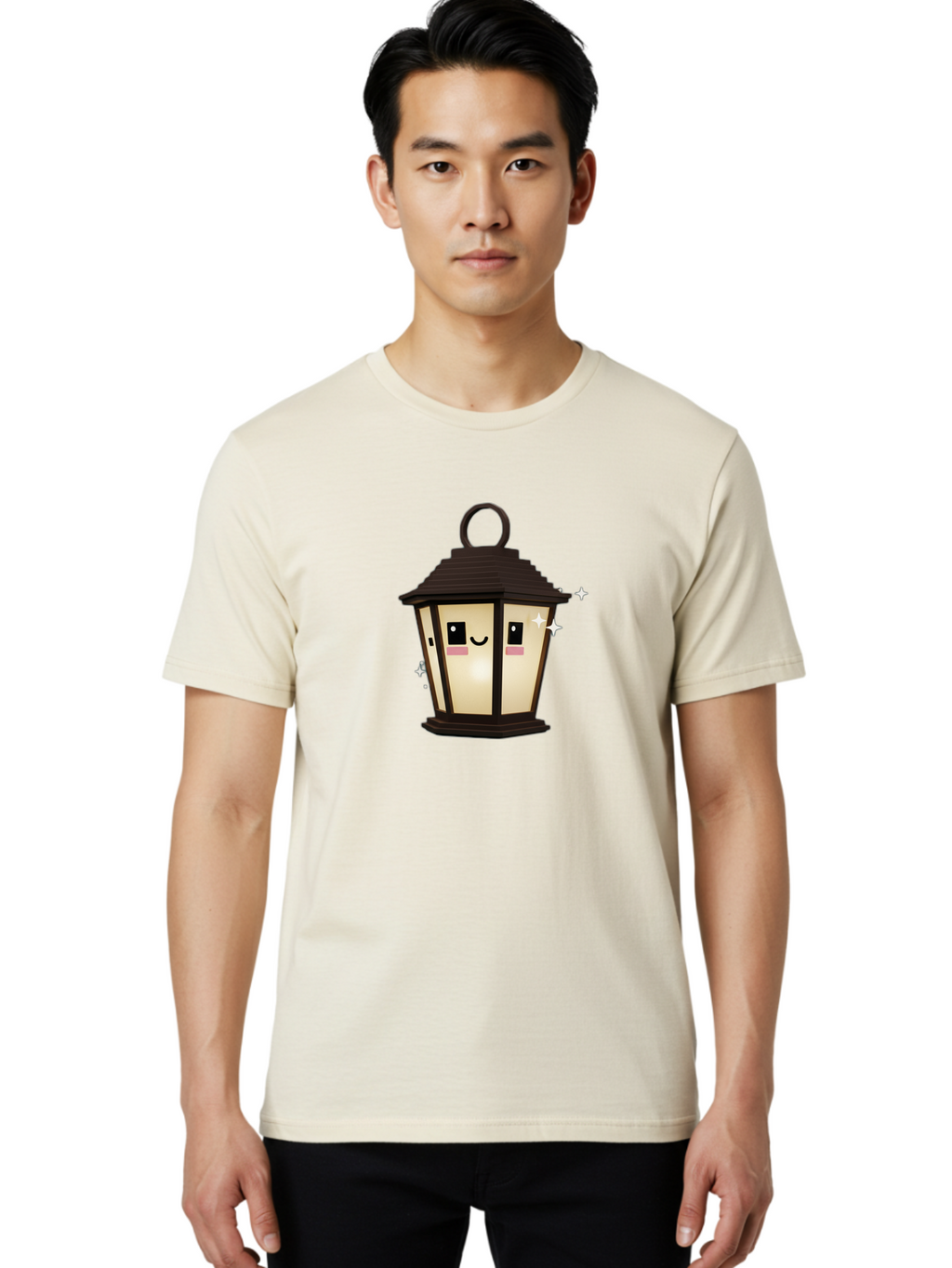 Cartoon-Lantern Men'S Graphic Tee, 100% Cotton, Comfortable Casual Summer Wear, Machine Washable, Cute Lantern, Smiling Face, Glowing Light, Magical Sparks, Kawaii Character, Charming Decoration, Happy Expression, Whimsical Design Bac792