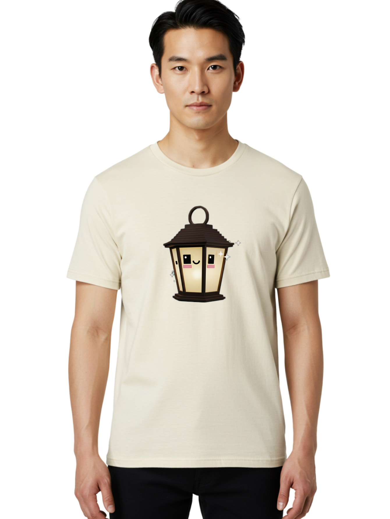 Cartoon-Lantern Men'S Graphic Tee, 100% Cotton, Comfortable Casual Summer Wear, Machine Washable, Cute Lantern, Smiling Face, Glowing Light, Magical Sparks, Kawaii Character, Charming Decoration, Happy Expression, Whimsical Design Bac792