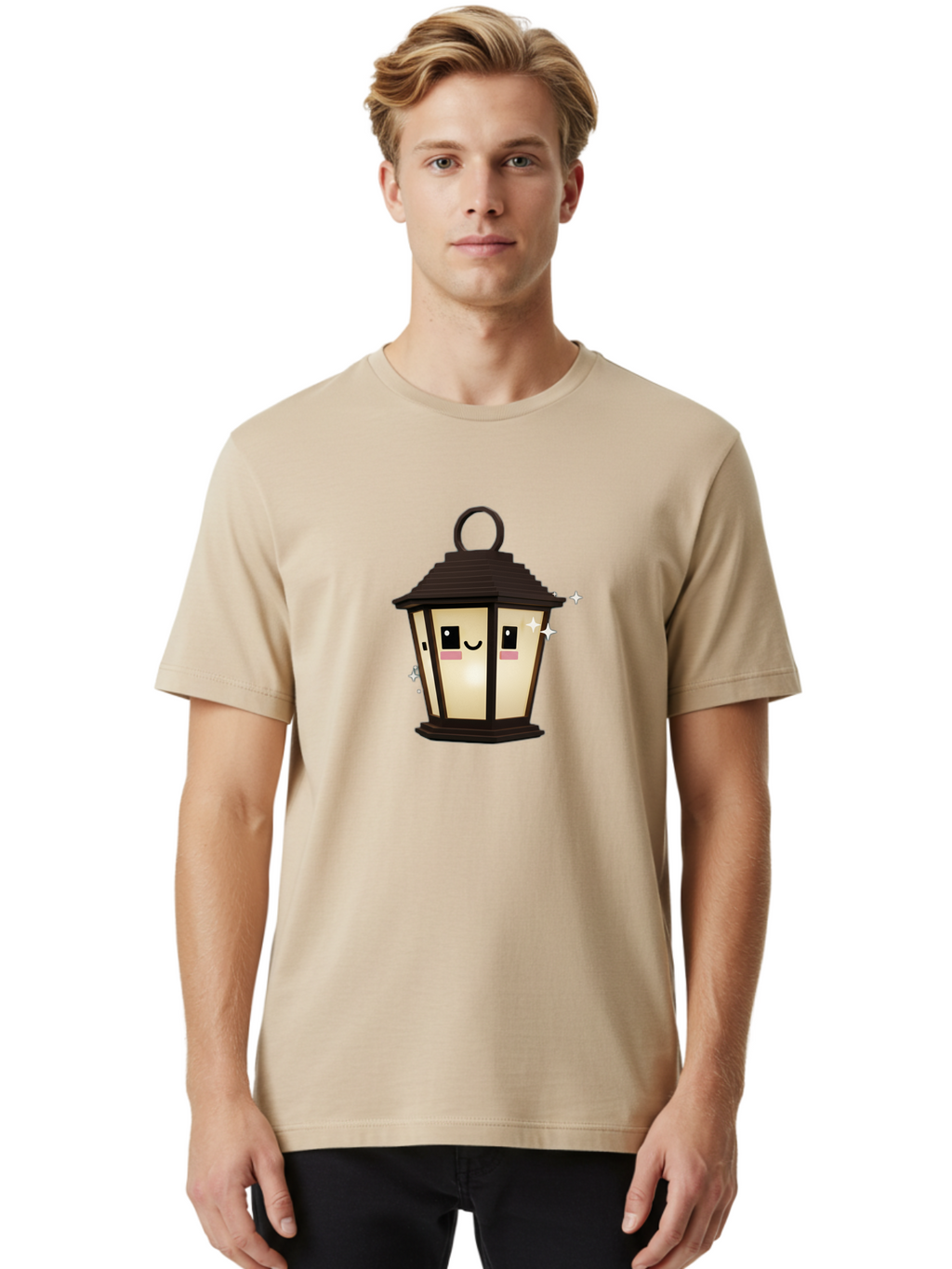 Cartoon-Lantern Men'S Graphic Tee, 100% Cotton, Comfortable Casual Summer Wear, Machine Washable, Cute Lantern, Smiling Face, Glowing Light, Magical Sparks, Kawaii Character, Charming Decoration, Happy Expression, Whimsical Design Bac792