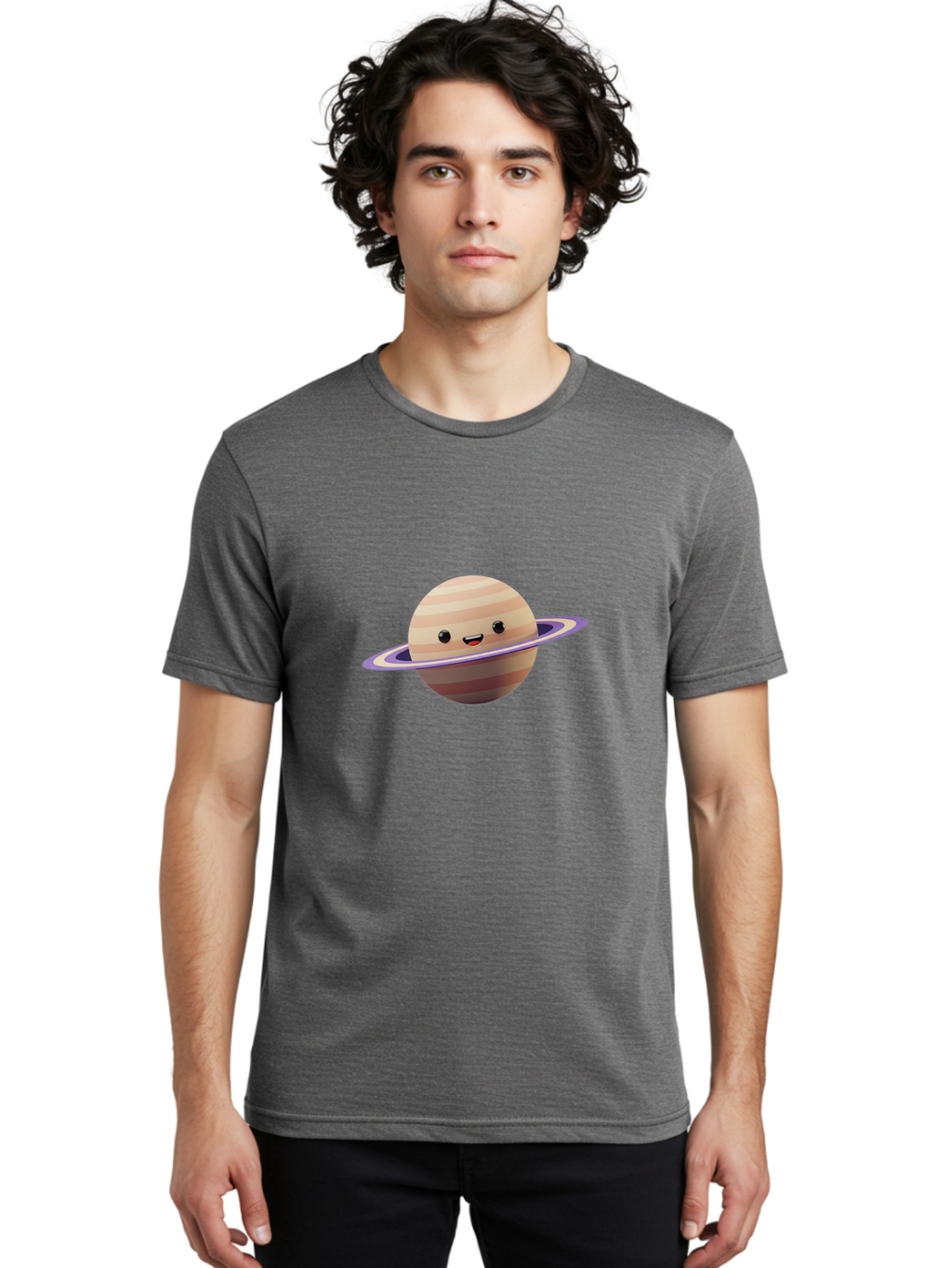 Cartoon-Saturn Men'S Graphic Tee, 100% Cotton, Comfortable Casual Summer Wear, Machine Washable, Cartoon Planet, Smiling Face, Saturn-Like Planet, Cute Illustration, Galaxy Character, Purple Ring, Beige And Brown Stripes, Funny Expression, Bac793