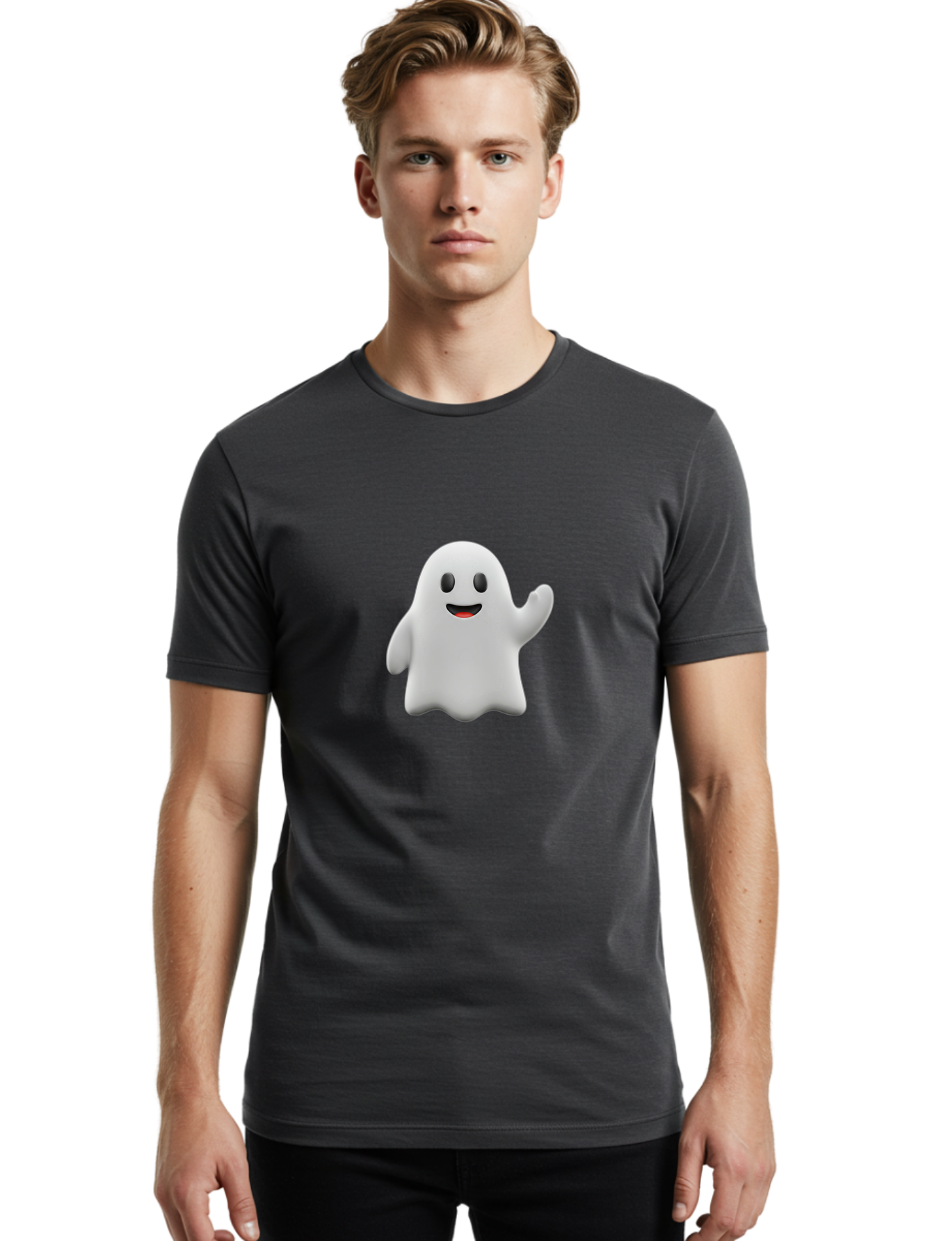 Casper-Ghost Men'S Graphic Tee, 100% Cotton, Comfortable Casual Summer Wear, Machine Washable, Smiling Ghost, Friendly Ghost, Cartoon Character, Happy Face, Waving Gesture, Halloween Spirit, Spooky Friendly, Digital Illustration, 3D Rendering Bac794