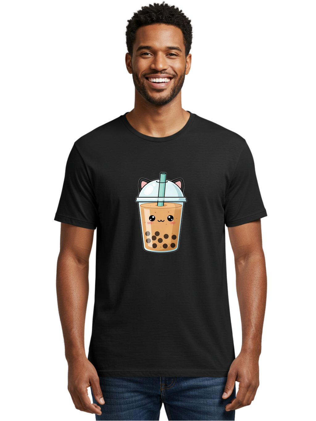 Cat-Bubble-Tea-1 Men'S Graphic Tee, 100% Cotton, Comfortable Casual Summer Wear, Machine Washable, Boba Tea, Cartoon Cat, Cute Drink, Bubble Tea, Adorable Character, Kawaii Culture, Tea Time, Fun Illustration, Milk Tea, Sweet Treat, Cat Ears, Bac795