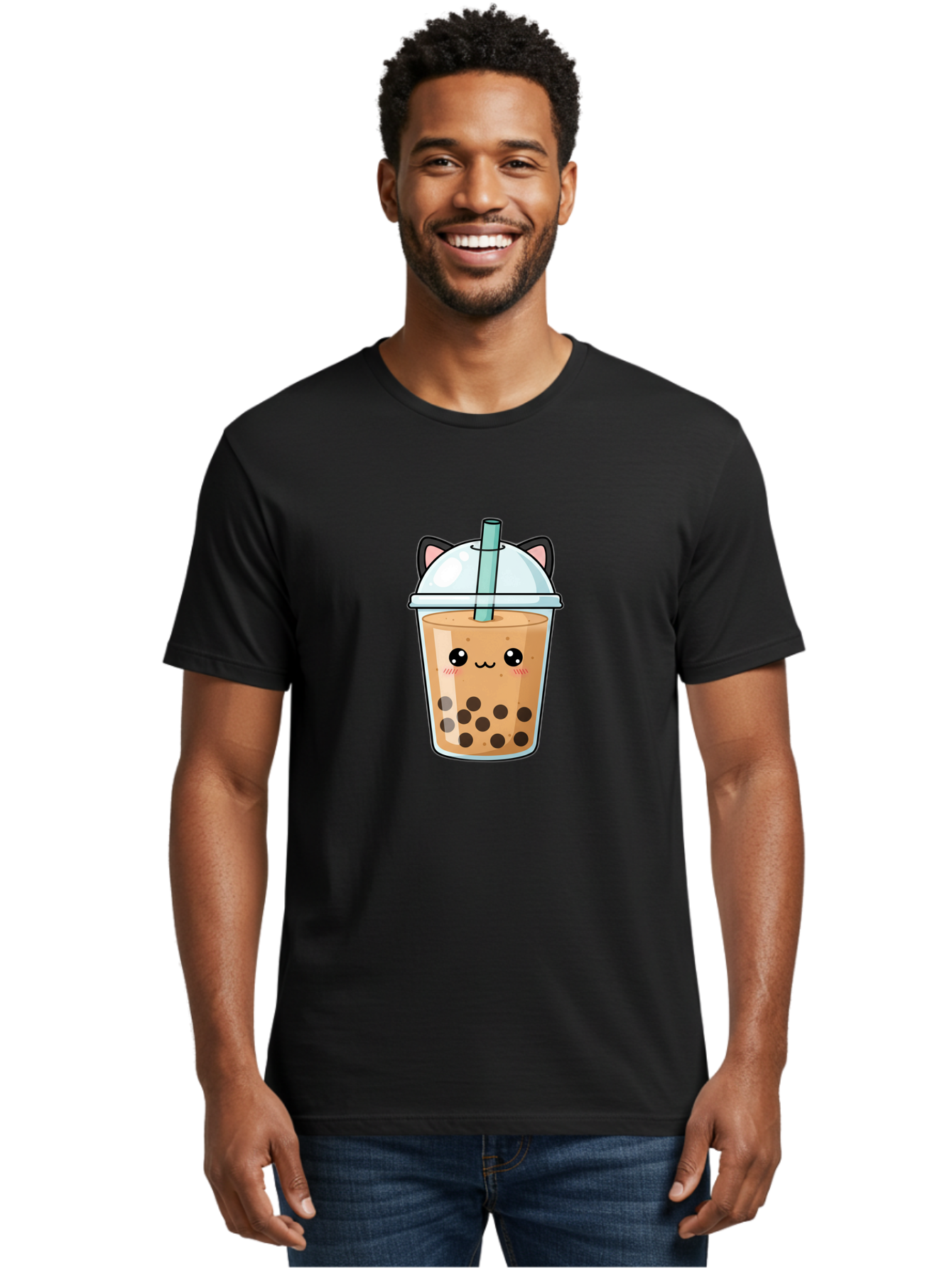 Cat-Bubble-Tea-1 Men'S Graphic Tee, 100% Cotton, Comfortable Casual Summer Wear, Machine Washable, Boba Tea, Cartoon Cat, Cute Drink, Bubble Tea, Adorable Character, Kawaii Culture, Tea Time, Fun Illustration, Milk Tea, Sweet Treat, Cat Ears, Bac795