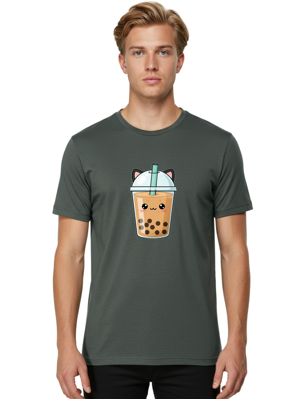 Cat-Bubble-Tea-1 Men'S Graphic Tee, 100% Cotton, Comfortable Casual Summer Wear, Machine Washable, Boba Tea, Cartoon Cat, Cute Drink, Bubble Tea, Adorable Character, Kawaii Culture, Tea Time, Fun Illustration, Milk Tea, Sweet Treat, Cat Ears, Bac795
