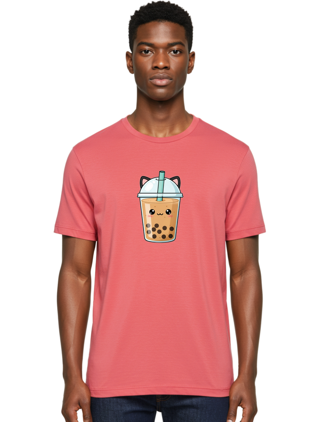 Cat-Bubble-Tea-1 Men'S Graphic Tee, 100% Cotton, Comfortable Casual Summer Wear, Machine Washable, Boba Tea, Cartoon Cat, Cute Drink, Bubble Tea, Adorable Character, Kawaii Culture, Tea Time, Fun Illustration, Milk Tea, Sweet Treat, Cat Ears, Bac795