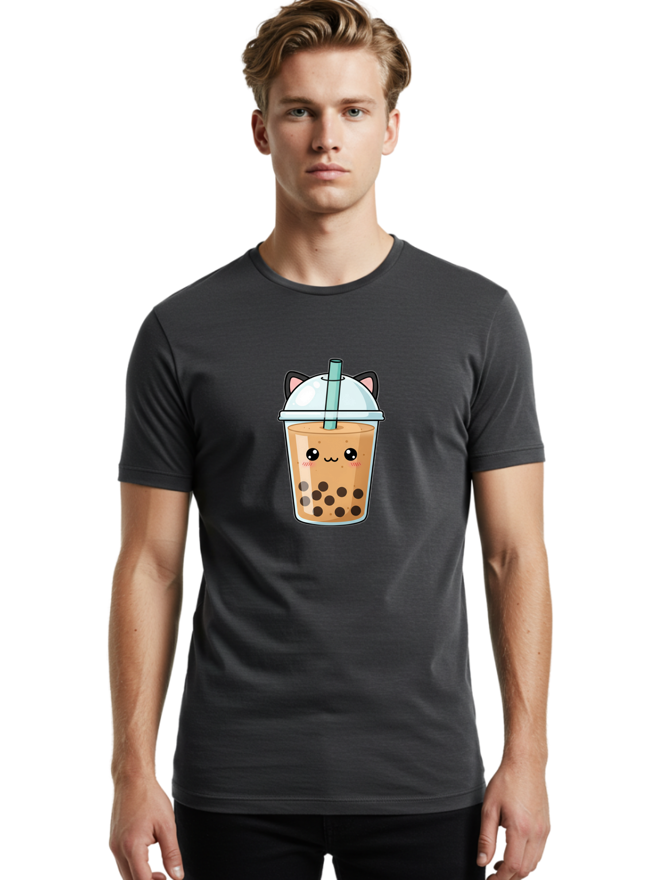 Cat-Bubble-Tea-1 Men'S Graphic Tee, 100% Cotton, Comfortable Casual Summer Wear, Machine Washable, Boba Tea, Cartoon Cat, Cute Drink, Bubble Tea, Adorable Character, Kawaii Culture, Tea Time, Fun Illustration, Milk Tea, Sweet Treat, Cat Ears, Bac795