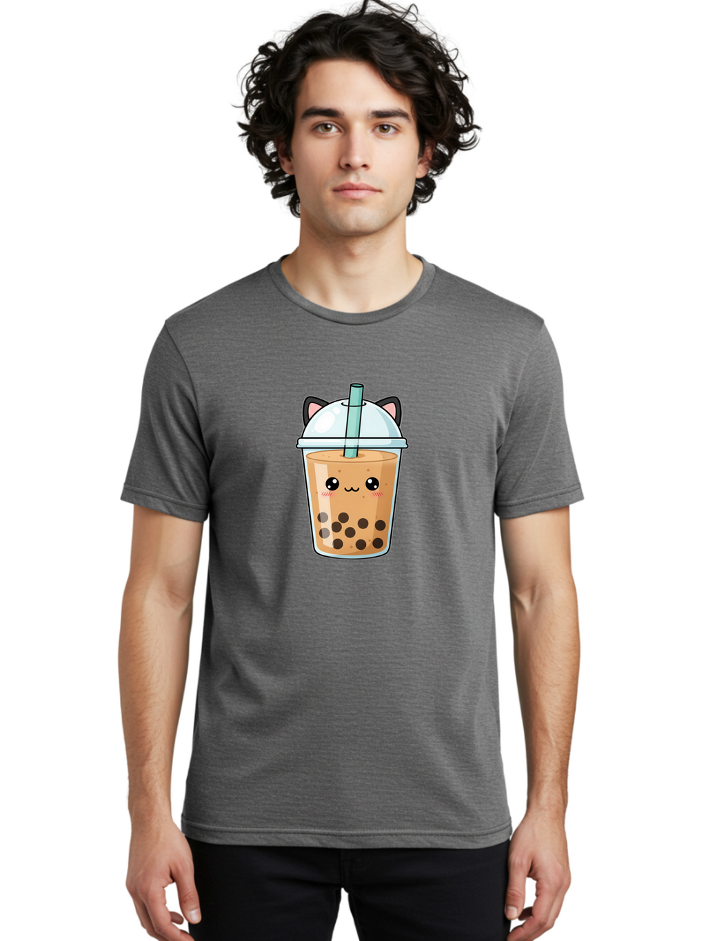 Cat-Bubble-Tea-1 Men'S Graphic Tee, 100% Cotton, Comfortable Casual Summer Wear, Machine Washable, Boba Tea, Cartoon Cat, Cute Drink, Bubble Tea, Adorable Character, Kawaii Culture, Tea Time, Fun Illustration, Milk Tea, Sweet Treat, Cat Ears, Bac795
