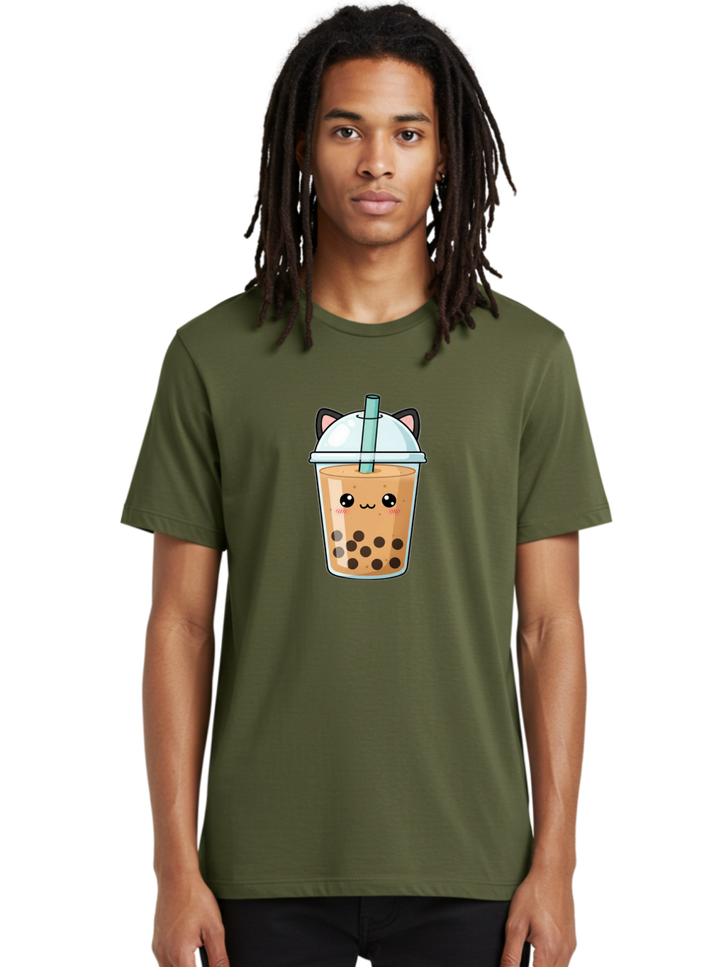 Cat-Bubble-Tea-1 Men'S Graphic Tee, 100% Cotton, Comfortable Casual Summer Wear, Machine Washable, Boba Tea, Cartoon Cat, Cute Drink, Bubble Tea, Adorable Character, Kawaii Culture, Tea Time, Fun Illustration, Milk Tea, Sweet Treat, Cat Ears, Bac795