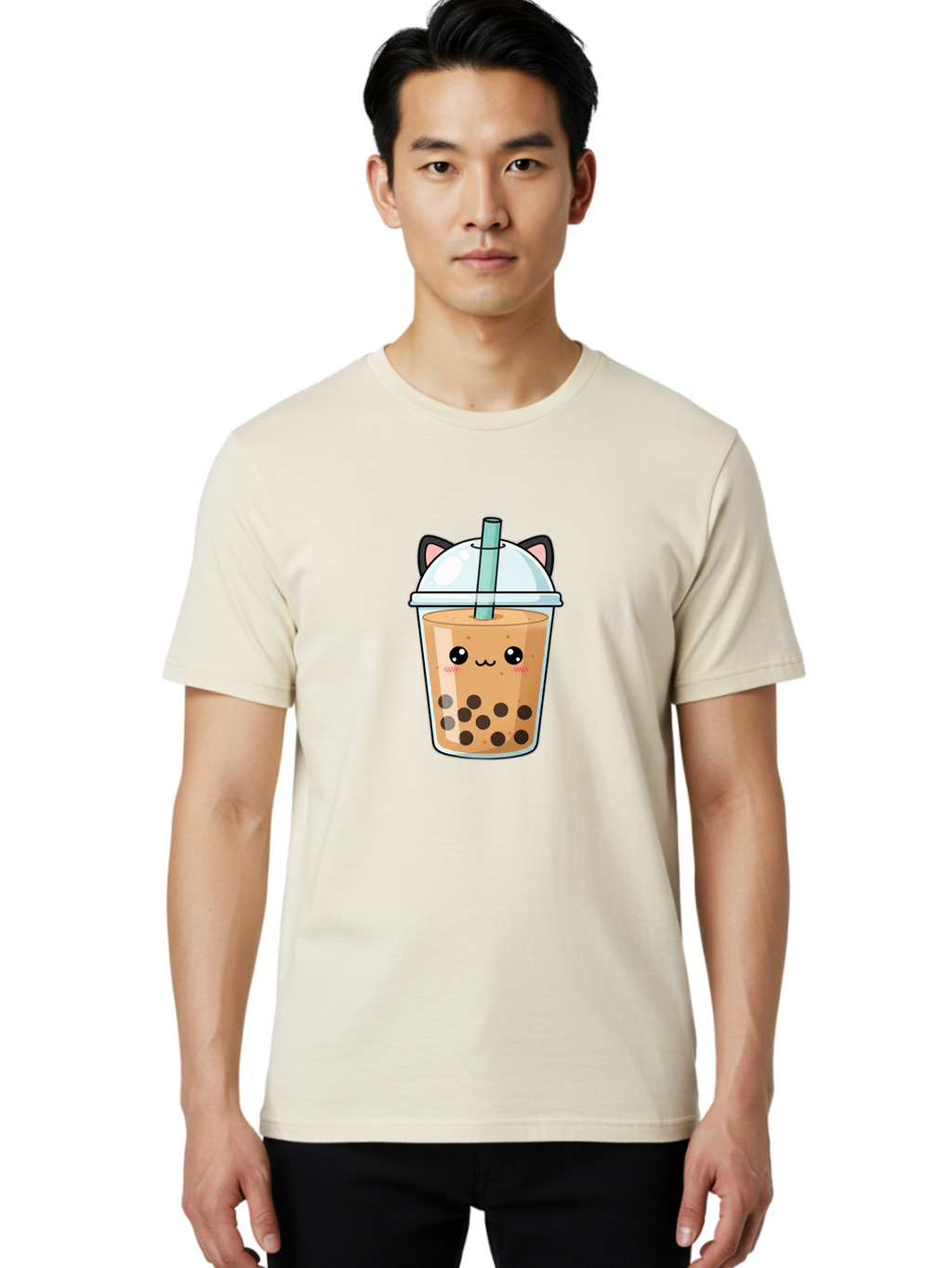 Cat-Bubble-Tea-1 Men'S Graphic Tee, 100% Cotton, Comfortable Casual Summer Wear, Machine Washable, Boba Tea, Cartoon Cat, Cute Drink, Bubble Tea, Adorable Character, Kawaii Culture, Tea Time, Fun Illustration, Milk Tea, Sweet Treat, Cat Ears, Bac795
