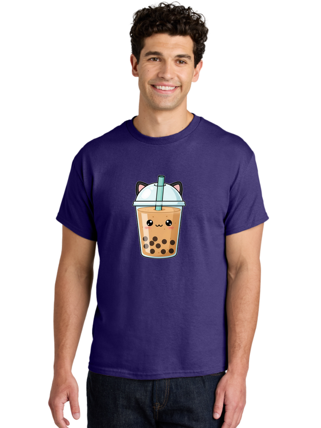 Cat-Bubble-Tea-1 Men'S Graphic Tee, 100% Cotton, Comfortable Casual Summer Wear, Machine Washable, Boba Tea, Cartoon Cat, Cute Drink, Bubble Tea, Adorable Character, Kawaii Culture, Tea Time, Fun Illustration, Milk Tea, Sweet Treat, Cat Ears, Bac795