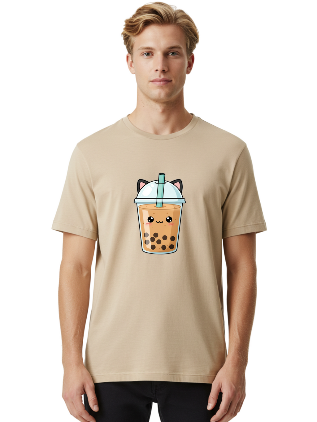 Cat-Bubble-Tea-1 Men'S Graphic Tee, 100% Cotton, Comfortable Casual Summer Wear, Machine Washable, Boba Tea, Cartoon Cat, Cute Drink, Bubble Tea, Adorable Character, Kawaii Culture, Tea Time, Fun Illustration, Milk Tea, Sweet Treat, Cat Ears, Bac795