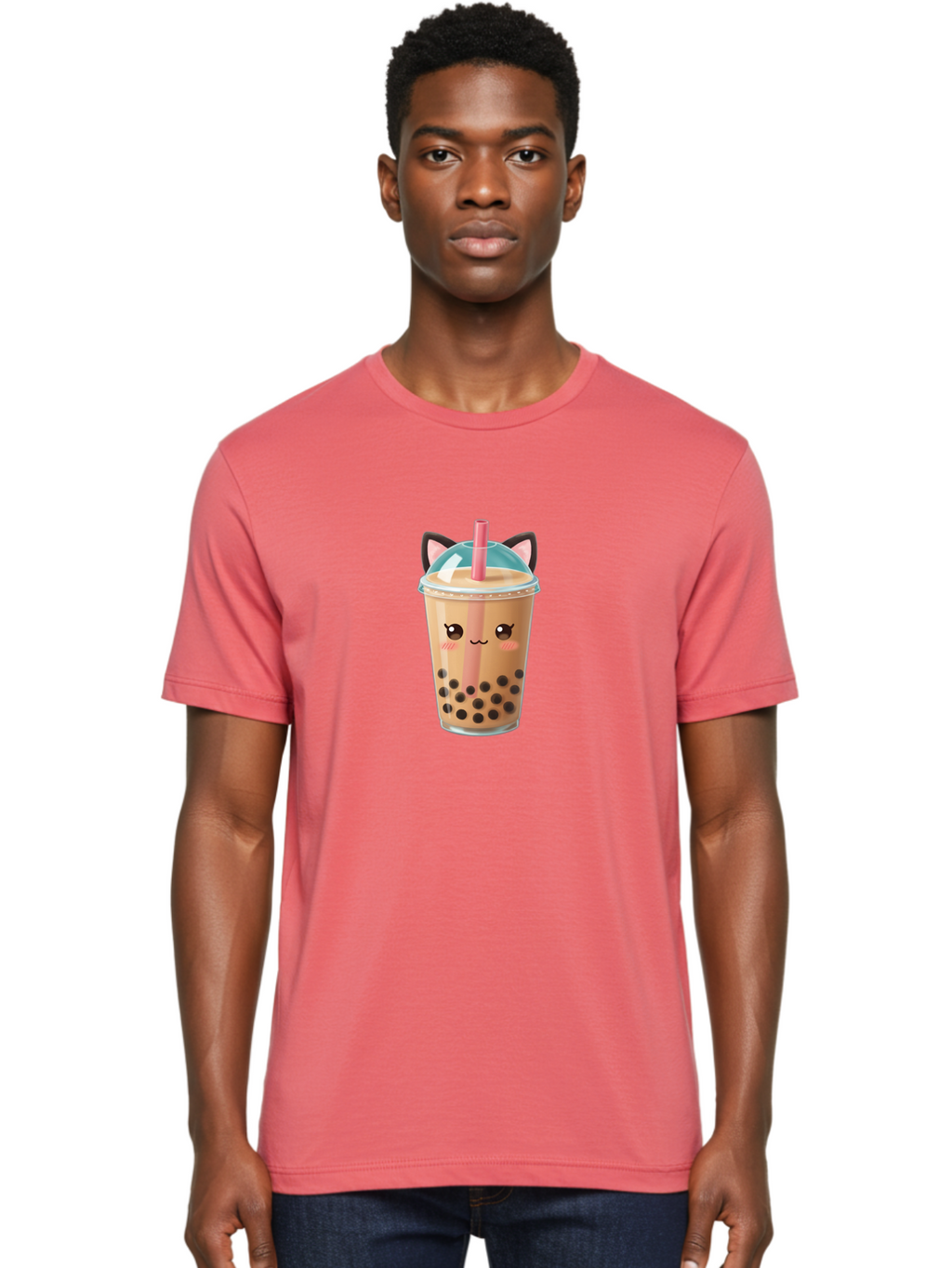Cat-Bubble-Tea-2 Men'S Graphic Tee, 100% Cotton, Comfortable Casual Summer Wear, Machine Washable, Cute Cat Bubble Tea, Boba Tea With Cat Face, Cartoon Bubble Tea, Kawaii Drink, Adorable Beverage, Cat Ears, Bubble Tea Cup Bac796