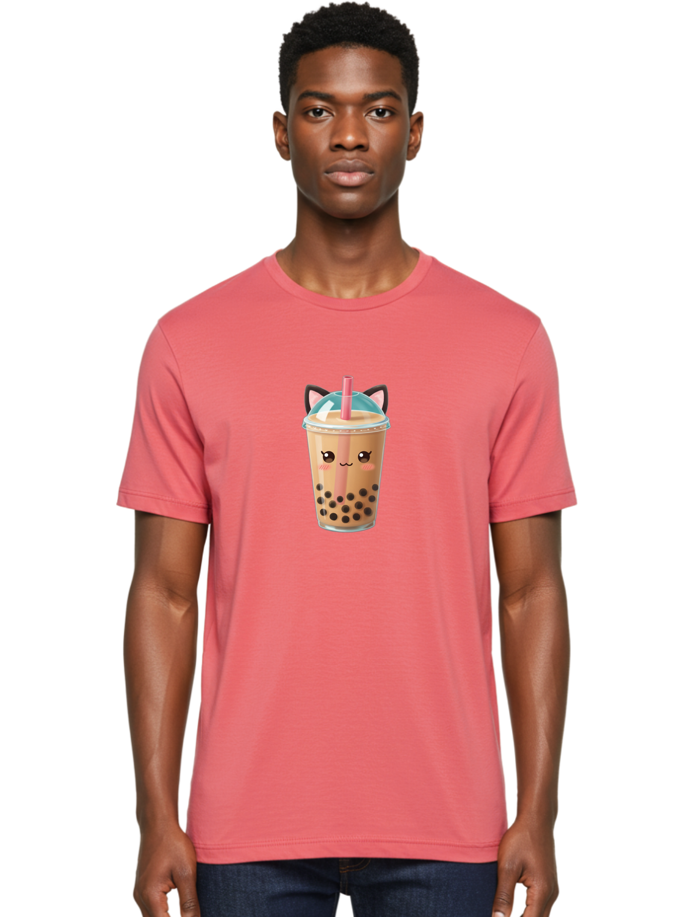 Cat-Bubble-Tea-2 Men'S Graphic Tee, 100% Cotton, Comfortable Casual Summer Wear, Machine Washable, Cute Cat Bubble Tea, Boba Tea With Cat Face, Cartoon Bubble Tea, Kawaii Drink, Adorable Beverage, Cat Ears, Bubble Tea Cup Bac796