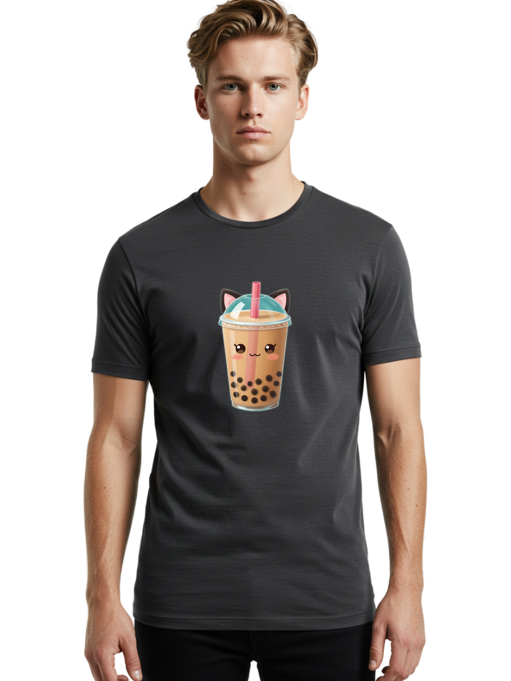 Cat-Bubble-Tea-2 Men'S Graphic Tee, 100% Cotton, Comfortable Casual Summer Wear, Machine Washable, Cute Cat Bubble Tea, Boba Tea With Cat Face, Cartoon Bubble Tea, Kawaii Drink, Adorable Beverage, Cat Ears, Bubble Tea Cup Bac796