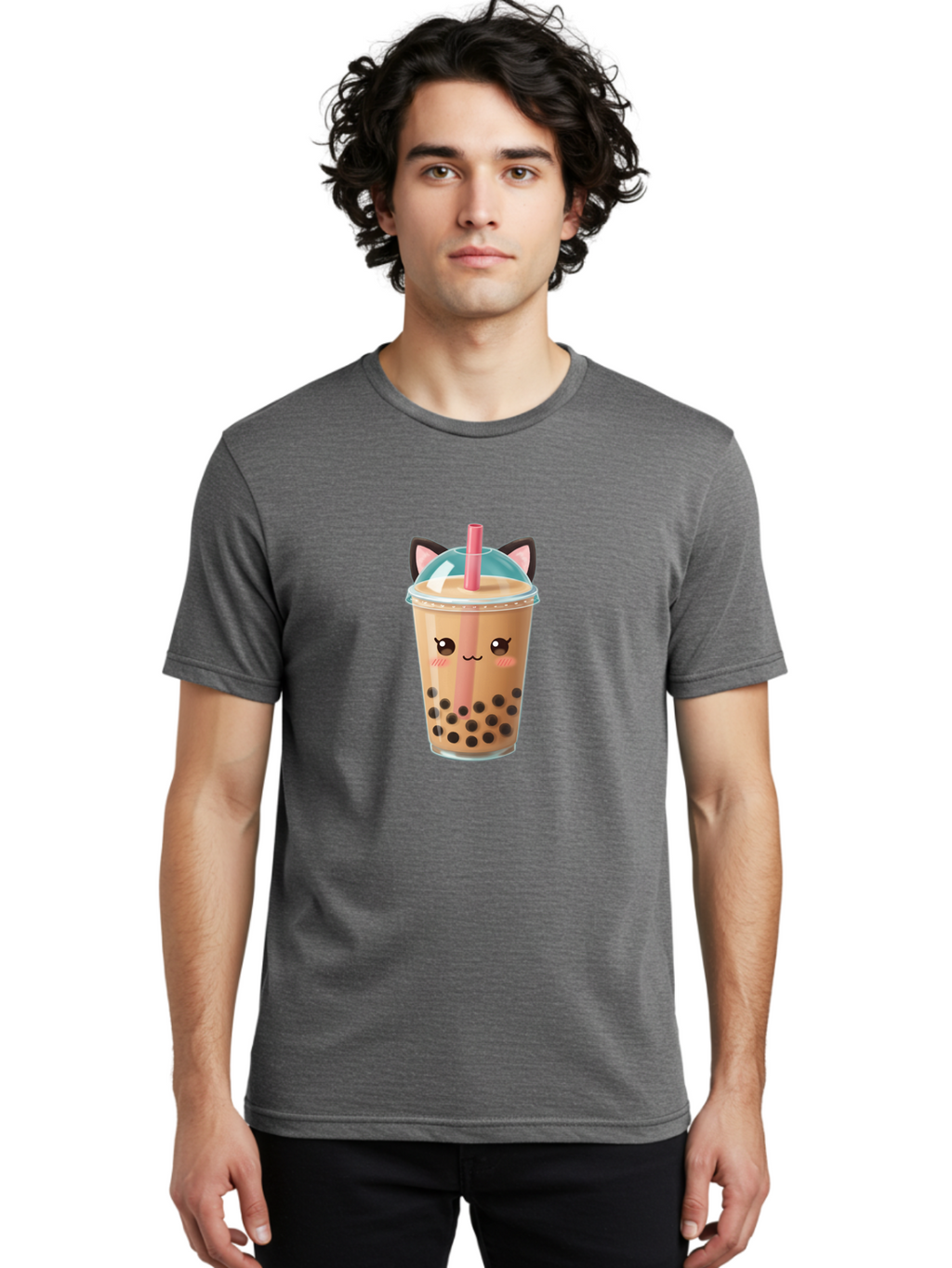 Cat-Bubble-Tea-2 Men'S Graphic Tee, 100% Cotton, Comfortable Casual Summer Wear, Machine Washable, Cute Cat Bubble Tea, Boba Tea With Cat Face, Cartoon Bubble Tea, Kawaii Drink, Adorable Beverage, Cat Ears, Bubble Tea Cup Bac796