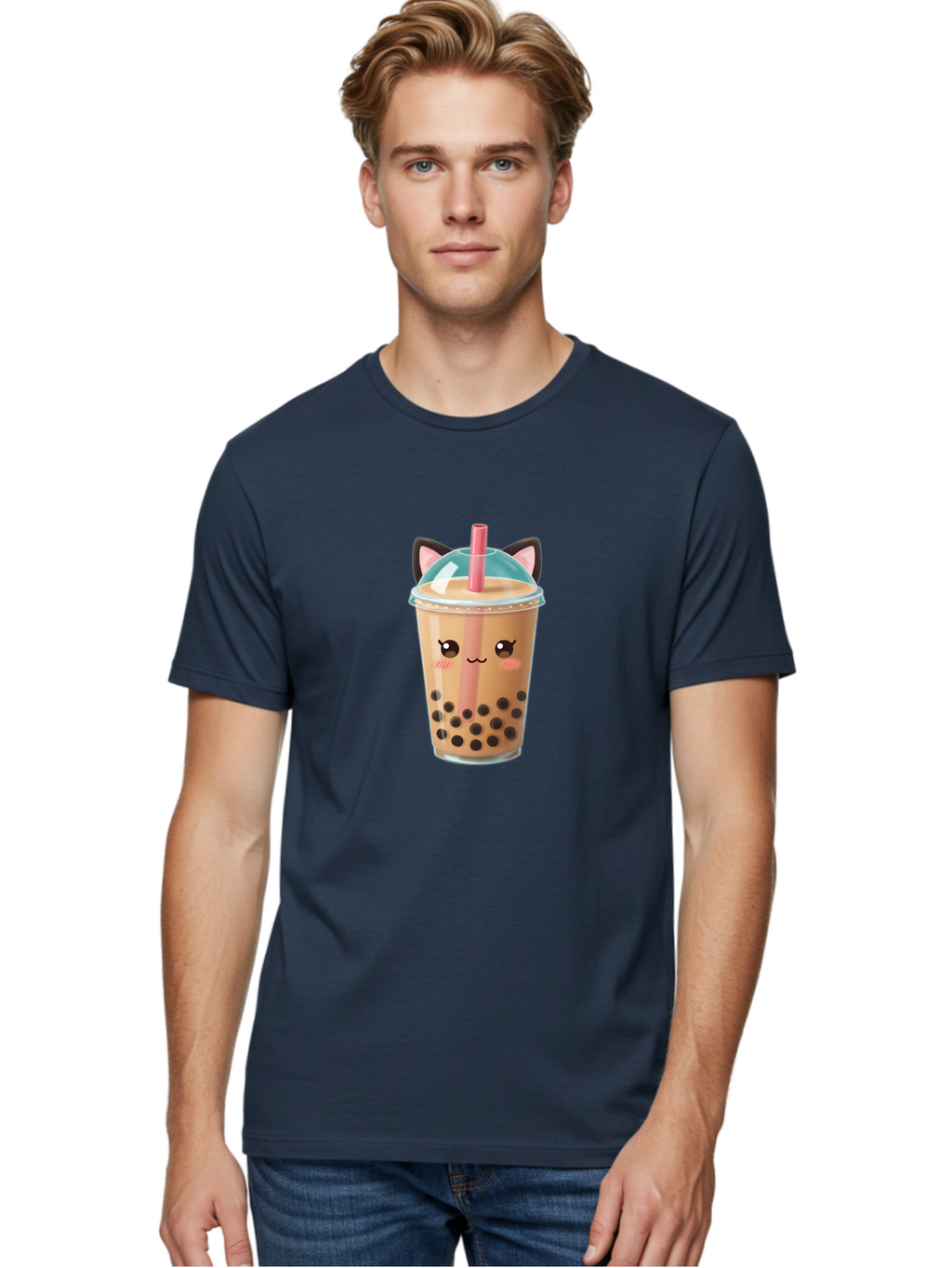 Cat-Bubble-Tea-2 Men'S Graphic Tee, 100% Cotton, Comfortable Casual Summer Wear, Machine Washable, Cute Cat Bubble Tea, Boba Tea With Cat Face, Cartoon Bubble Tea, Kawaii Drink, Adorable Beverage, Cat Ears, Bubble Tea Cup Bac796