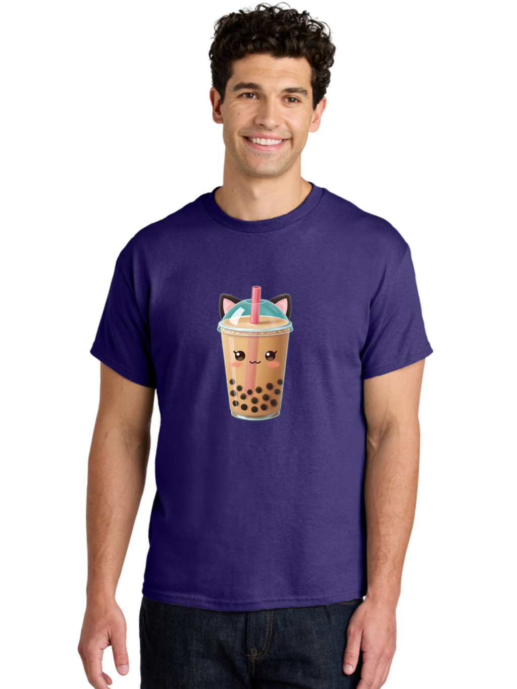 Cat-Bubble-Tea-2 Men'S Graphic Tee, 100% Cotton, Comfortable Casual Summer Wear, Machine Washable, Cute Cat Bubble Tea, Boba Tea With Cat Face, Cartoon Bubble Tea, Kawaii Drink, Adorable Beverage, Cat Ears, Bubble Tea Cup Bac796