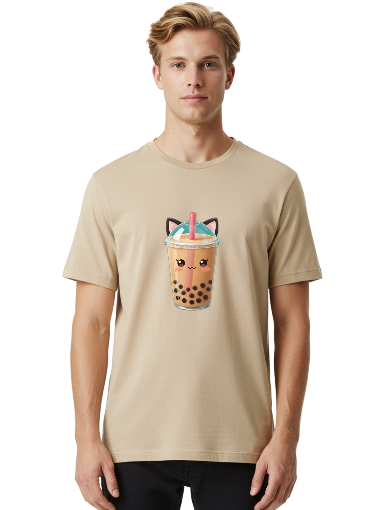 Cat-Bubble-Tea-2 Men'S Graphic Tee, 100% Cotton, Comfortable Casual Summer Wear, Machine Washable, Cute Cat Bubble Tea, Boba Tea With Cat Face, Cartoon Bubble Tea, Kawaii Drink, Adorable Beverage, Cat Ears, Bubble Tea Cup Bac796